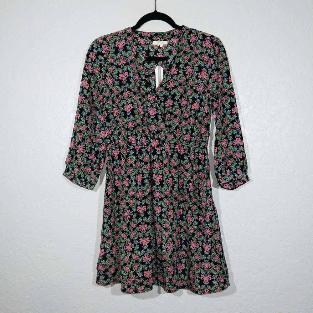 NWT Tulle Black Long‎ Sleeve Neon Floral Print Mini Dress Size Small